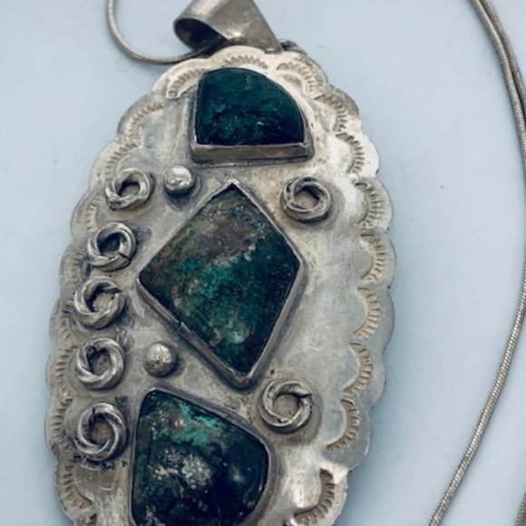 Antique Rustic Drk Green Turquoise Silver Pendant